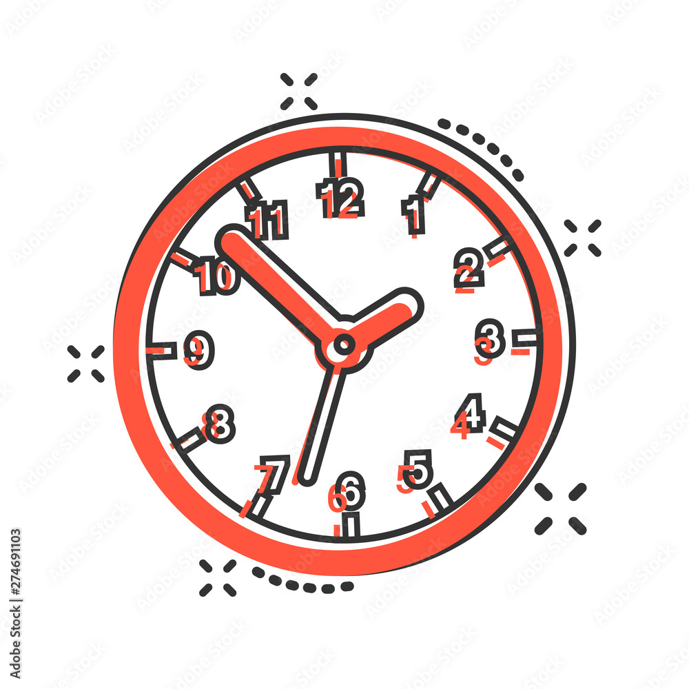 Clock sign icon in comic style. Time management vector cartoon illustration on white isolated background. Timer business concept splash effect. Clock sign icon in comic style. Time management vector cartoon illustration on white isolated background. Timer business concept splash effect.
