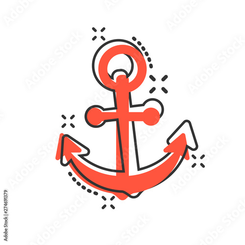 Boat anchor sign icon in comic style. Maritime equipment vector cartoon illustration on white isolated background. Sea security business concept splash effect.