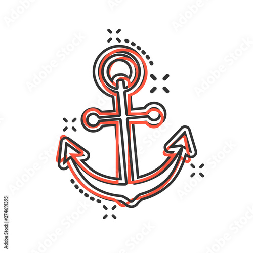 Boat anchor sign icon in comic style. Maritime equipment vector cartoon illustration on white isolated background. Sea security business concept splash effect.