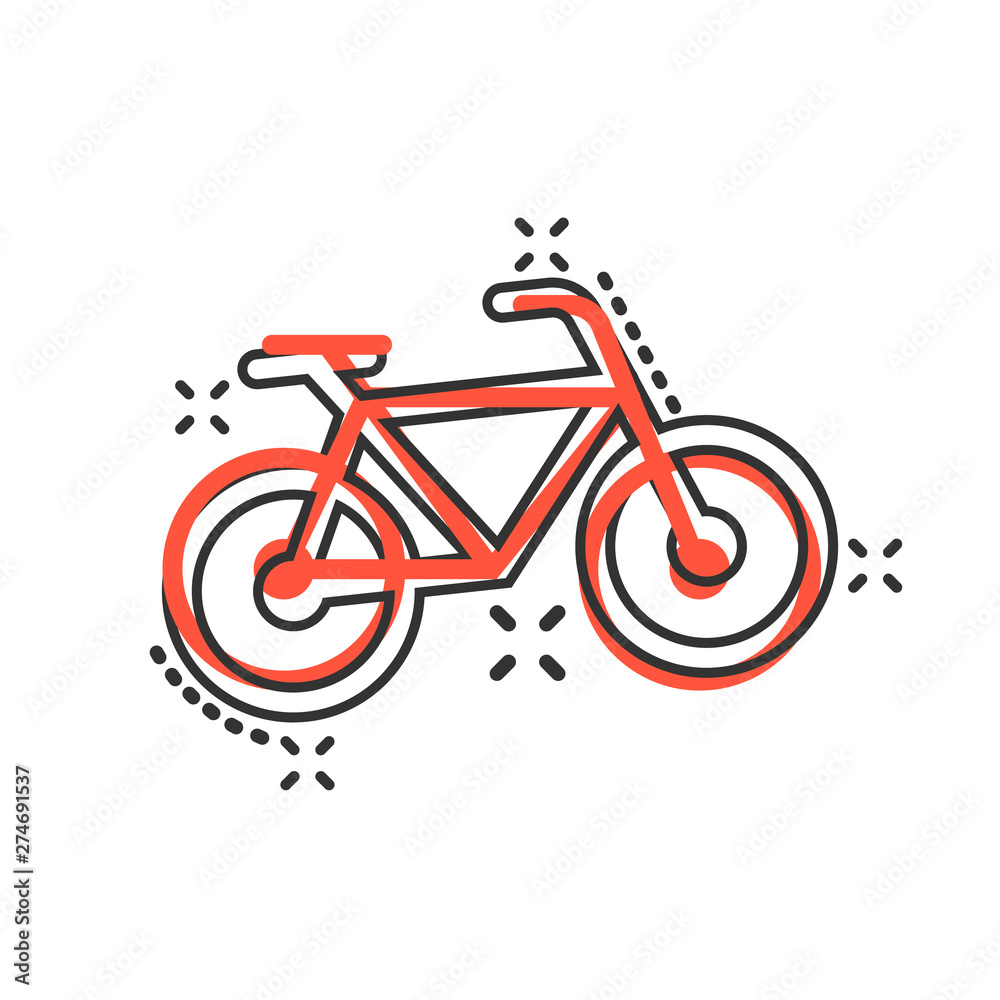 Fototapeta premium Bicycle sign icon in comic style. Bike vector cartoon illustration on white isolated background. Cycling business concept splash effect.