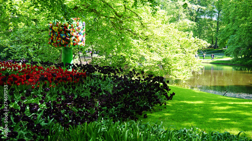 Stunning spring landscape, famous Keukenhof garden with colorful fresh tulips, Netherlands, Europe