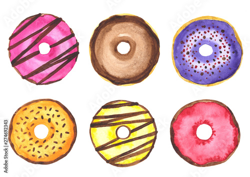 Watercolor set of tasty donuts. Hand drawn illustration.