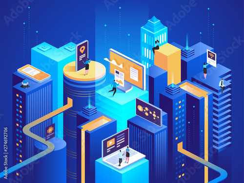 Smart city isometric concept Intelligent buildings