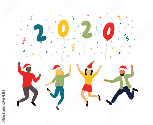 2020 Happy New Year background. Cartoon doodle illustration with people holding balloons.