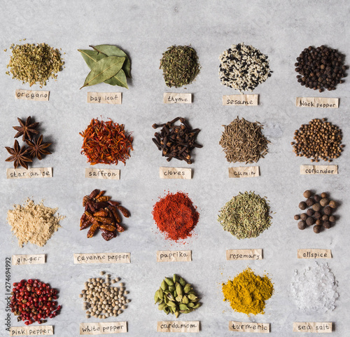 Various dry spices piles and paper lettering flat lay on gray background. Top view