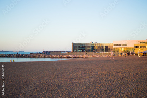 View of the beautiful beach called Poniente in Gijon, Asturias, Spain.