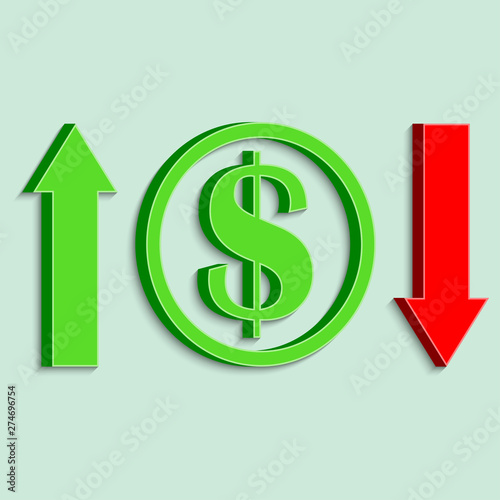 volumetric dollar symbol in a circle, green up arrow and red down arrow