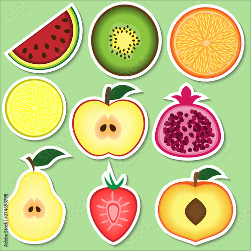 set of fruit stickers: watermelon, kiwi, orange, lemon, apple, pomegranate, pear, strawberry, peach