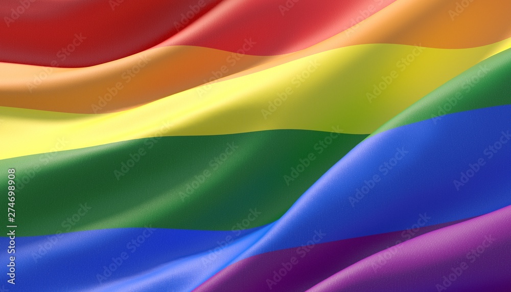 Fototapeta premium Waved highly detailed close-up bright rainbow gay flag. LGBT community. 3D illustration.