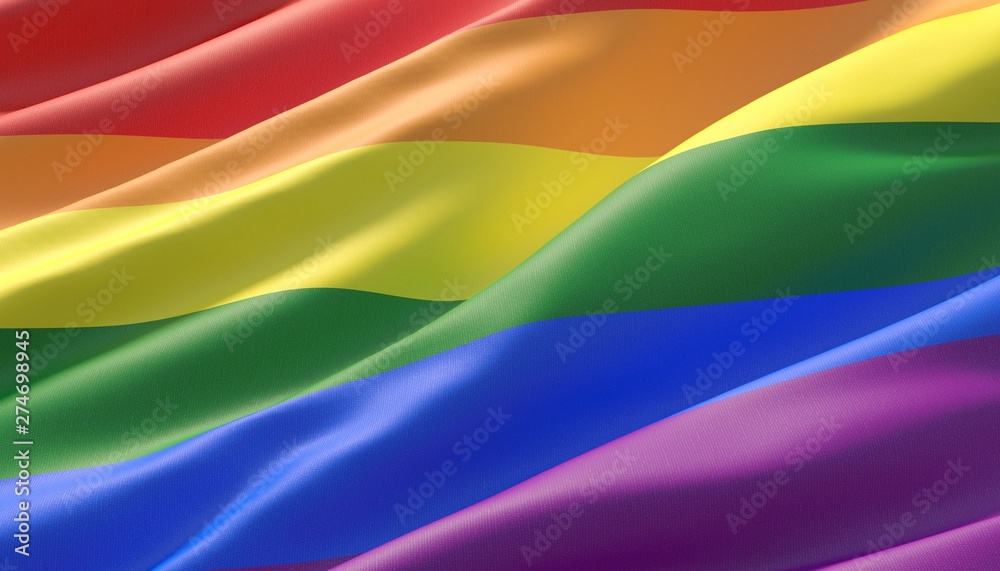 Waved highly detailed close-up bright rainbow gay flag. LGBT community. 3D illustration. Waved highly detailed close-up bright rainbow gay flag. LGBT community. 3D illustration.