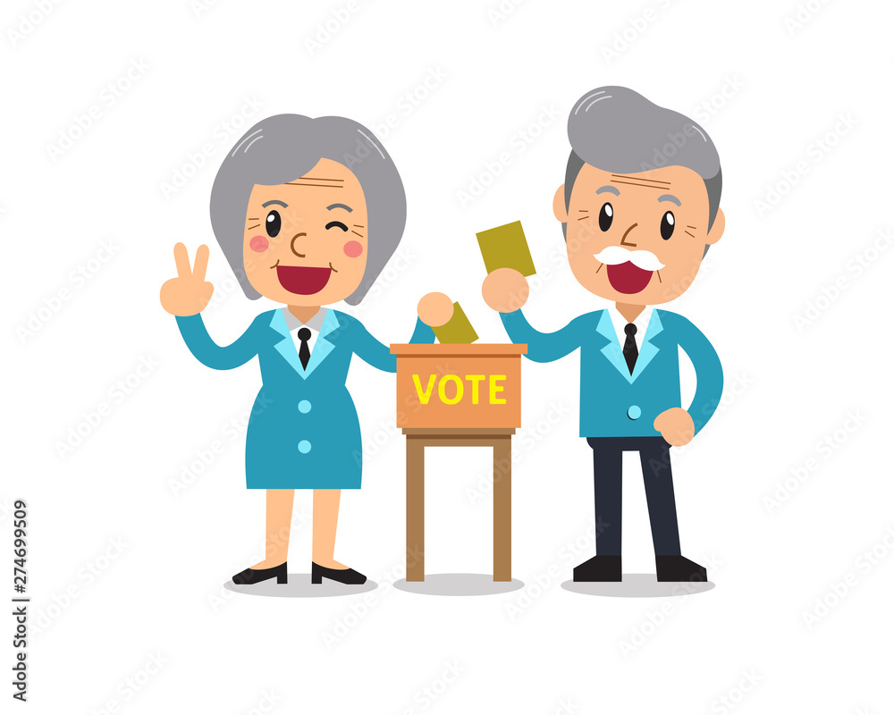 Cartoon senior man and woman putting voting papers in the ballot box for design. Cartoon senior man and woman putting voting papers in the ballot box for design.