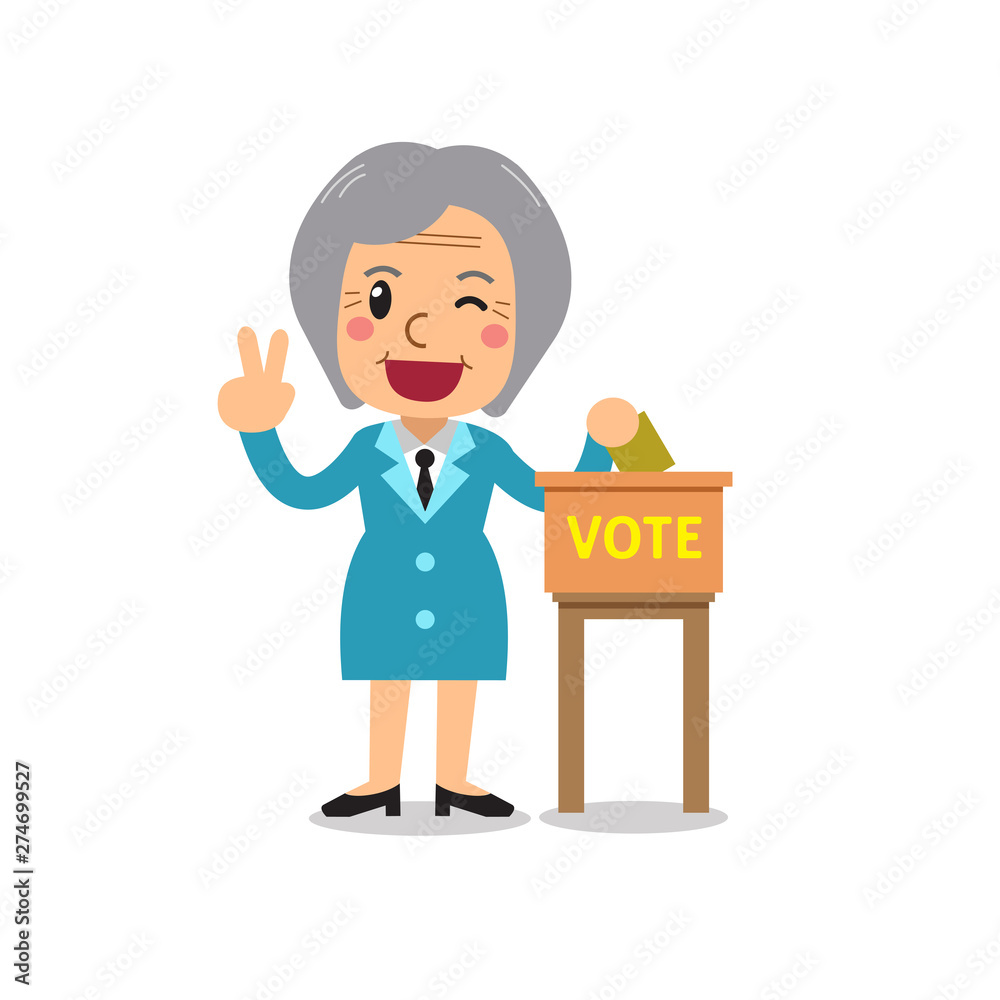 Cartoon senior woman putting voting paper in the ballot box for design.