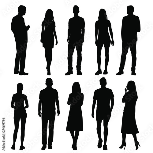 Vector silhouettes of  men and a women, a group of standing business people, black color isolated on white background