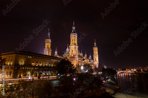 Night view of the Basilica of Our Lady of the Pillar  Zaragoza  Spain.