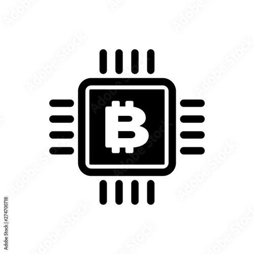 Black CPU mining farm icon isolated. Bitcoin sign inside microchip. Cryptocurrency mining community. Digital money. Vector Illustration