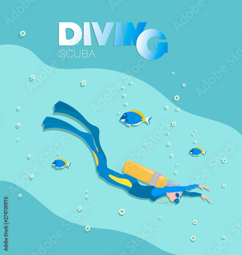 The girl scuba diver swims under water with tropical fish. Young woman in a diving suit with flippers, balon with air. Underwater background.