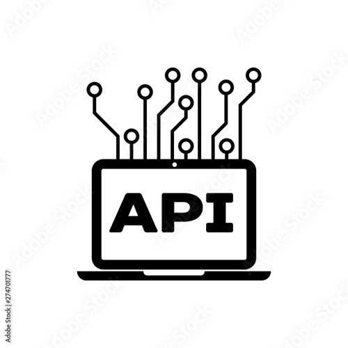 Black Computer api interface icon isolated. Application programming interface API technology. Software integration. Vector Illustration