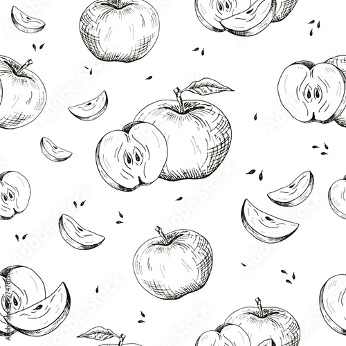 Apple background. Seamless pattern of hand-drawn black apples on white background. Sketch style vector backdrop.