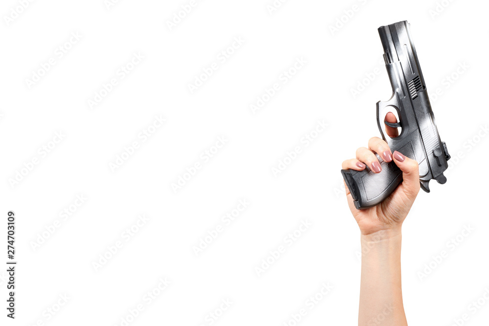 Hand with black gun, side view pistol, crime and military concept. Hand with black gun, side view pistol, crime and military concept.