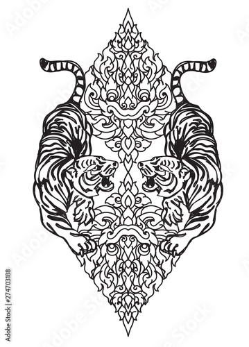 Tattoo art tiger hand drawing and sketch black and white with