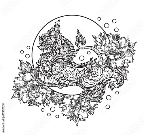 Tattoo art tiger thai flower hand drawing and sketch black and white