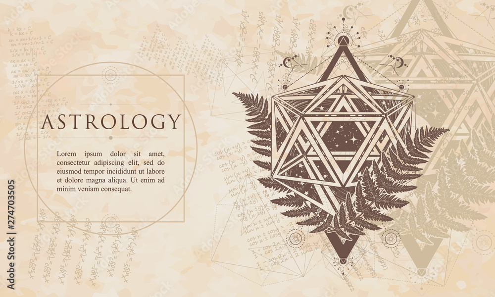 Fototapeta premium Astrology. Icosahedron and fern. Mathematical esoteric symbol. Alchemy philosophers stone concept. Renaissance background. Medieval manuscript, engraving art