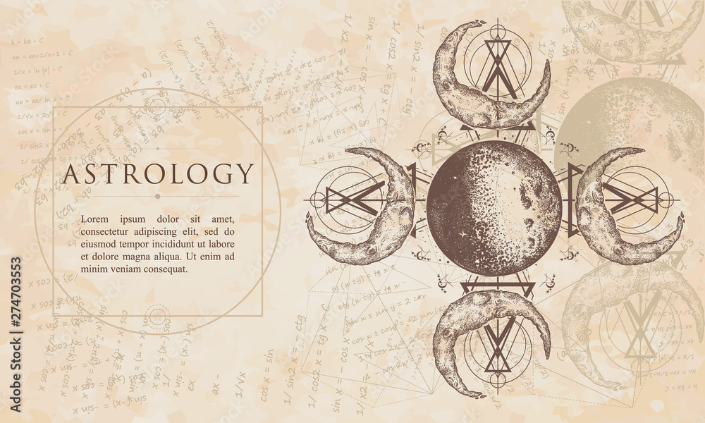 Astrology. Magic moon sacred geometry. Renaissance background. Medieval manuscript, engraving art