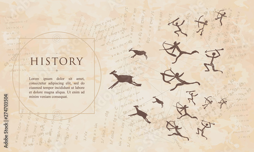 History. Cave painting. Hunting scene. Renaissance background. Medieval manuscript, engraving art