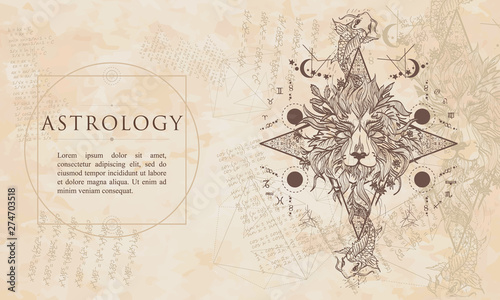 Astrology. Mystic lion and carp, occult concept. Renaissance background. Medieval manuscript, engraving art