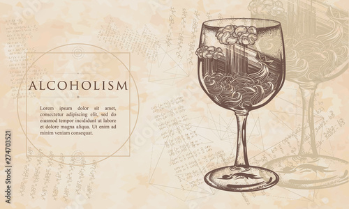 Alchoholism. Paper ship in a glass. Big waves and the small boat in ocean. Symbol fear and hope, fight against difficulties. Renaissance background. Medieval manuscript, engraving art