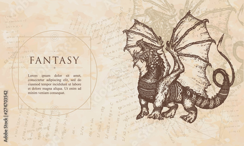 Fantasy. Dragon. Symbol force, fantasy, fairy tale. Renaissance background. Medieval manuscript, engraving art