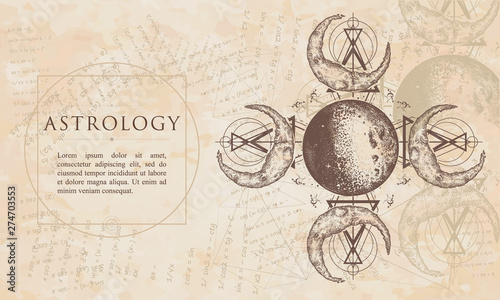 Astrology. Magic moon sacred geometry. Renaissance background. Medieval manuscript, engraving art