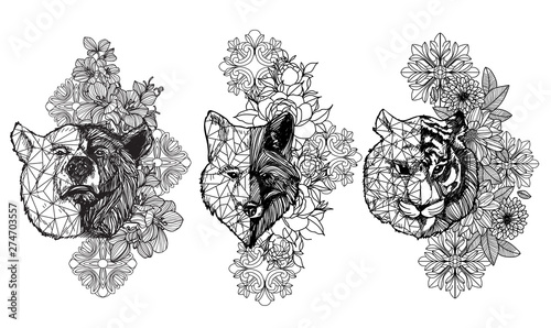 Tattoo art animal drawing and sketch black and white with line art illustration isolated on white background.