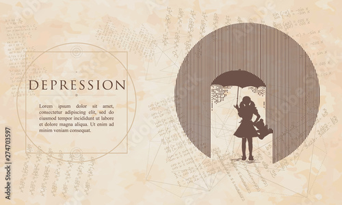 Depression. Girl in rain. Symbol of protection of children. Symbol of psychology, philosophy, stress, autumn.. Renaissance background. Medieval manuscript, engraving art