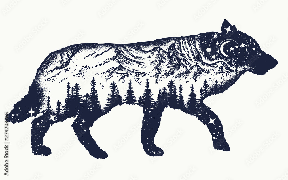 Running wolf double exposure tattoo art. Symbol tourism, travel, adventure, outdoor. Animals t-shirt design - obrazy, fototapety, plakaty 