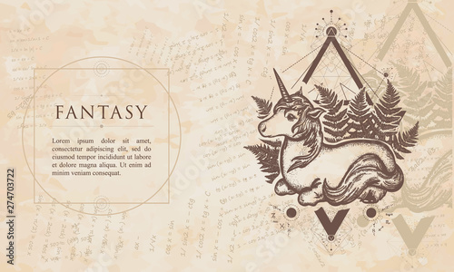 Fantasy. Unicorn and fern. Symbol of dreams, fairy tale. Renaissance background. Medieval manuscript, engraving art