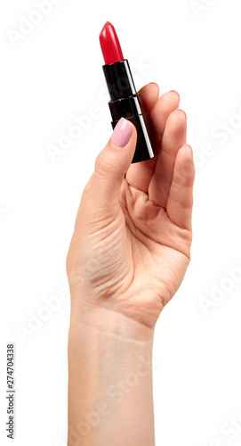 Hand with red lipstick in black tube  beauty and care.