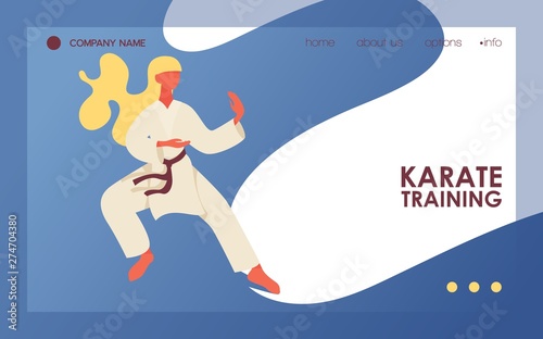 Blonde hair woman in kimono standing in training fight position of karate. Vector concept landing page or banner template