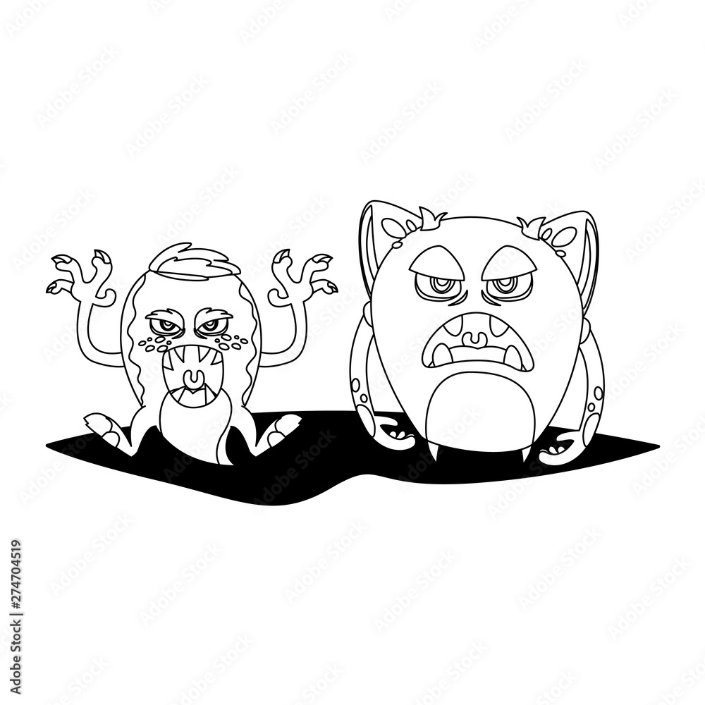 Obraz premium funny monsters couple comic characters monochrome