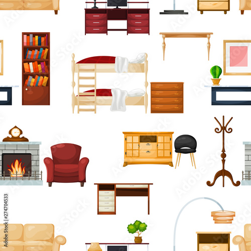 Furniture vector furnishings design of living-room interior in apartment set of sofa table with drawers to furnish room illustration isolated on white background