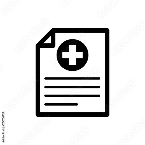 Black Medical clipboard with clinical record icon on white background. Health insurance form. Document: prescription, medical check marks report. Vector Illustration