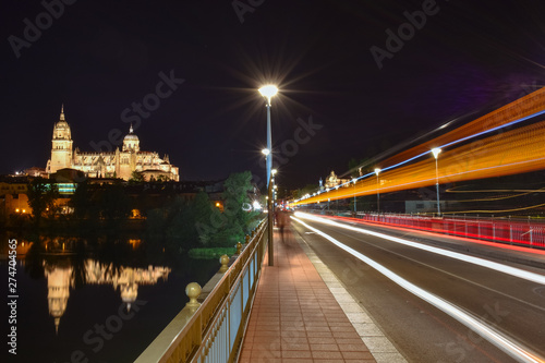 Views from the riverside of the cathedral of Salamanca and the bridge