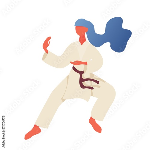 Young flat woman character in modern drawing style standing in fight position of karate in kimono. Vector concept illustration