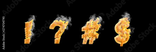 Fire and heavy smoke exclamation point, question mark number sign (pound, hash) and dollar - peso sign isolated on white color, fantasy magic fire concept font - 3D illustration of symbols