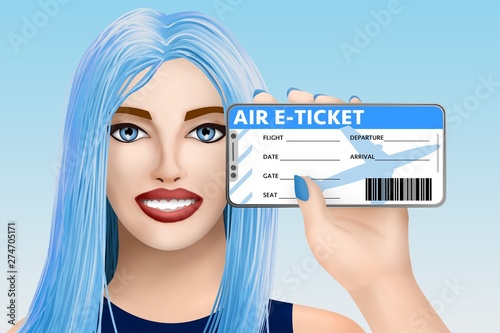 Concept air e-ticket (electronic ticket). Drawn nice girl on colourful background. Illustration