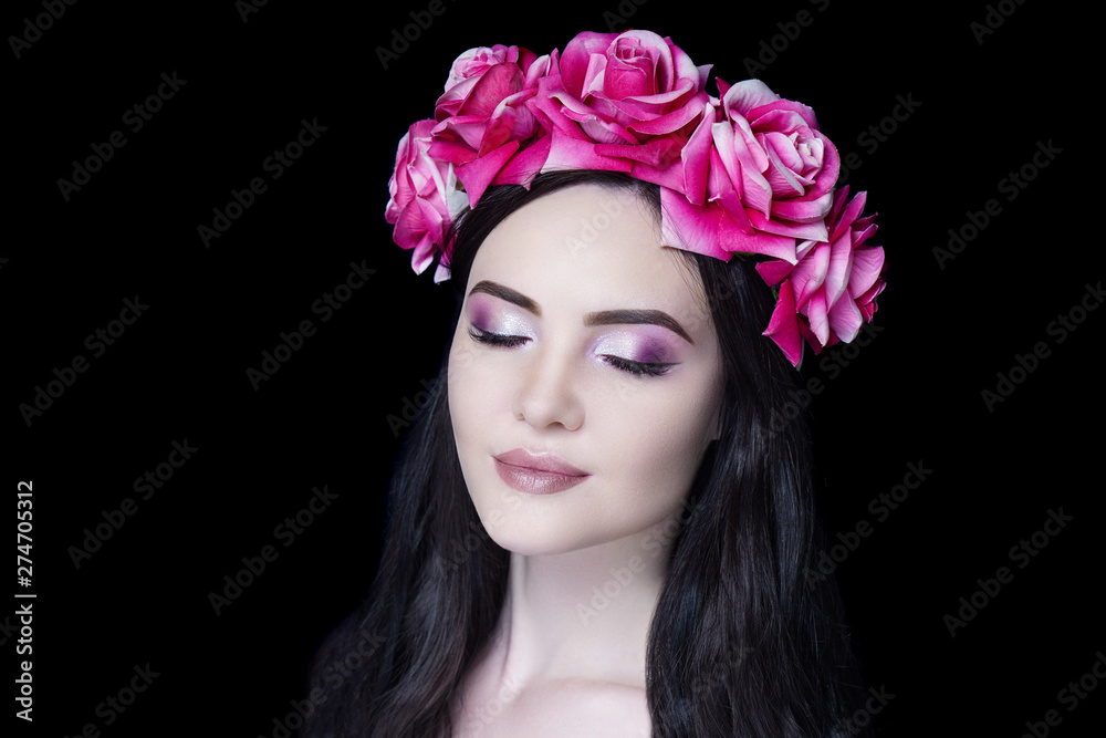 Young beautiful girl, massive accessory flowers crown, big eyes dreamy closed