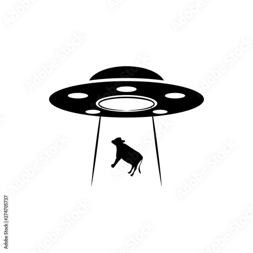 Black UFO abducts cow icon isolated on white background. Flying saucer. Alien space ship. Futuristic unknown flying object. Vector Illustration