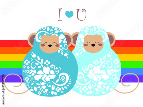 Two gay matrioshka monkey with floral pattern on lgbt flag background  a symbol of same-sex marriage and love