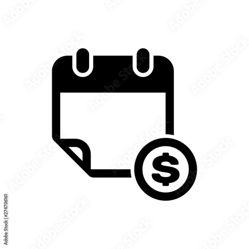 Black Financial calendar icon isolated. Annual payment day, monthly budget planning, fixed period concept, loan duration. Vector Illustration