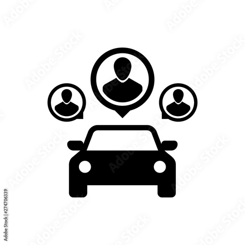 Black Car sharing with group of people icon isolated. Carsharing sign. Transport renting service concept. Vector Illustration